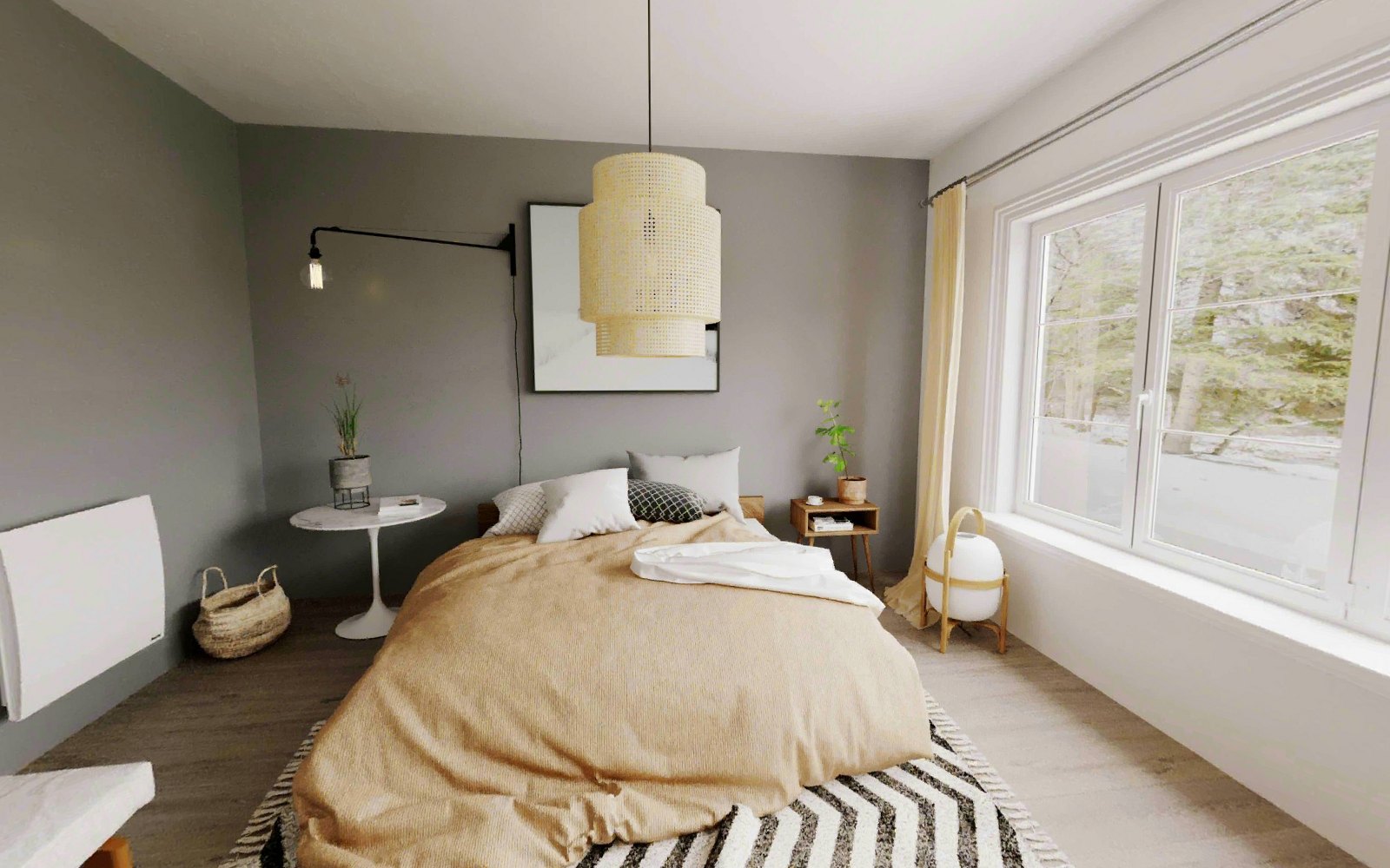 Chambre aménagée : lit au linge beige, suspension en rotin, murs gris et grande fenêtre ouverte sur les arbres.